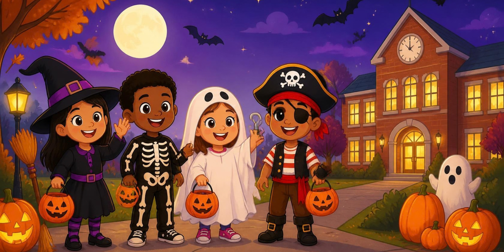 Two girls are dressed as a witch and a ghost and two boys are dressed as a skeleton and pirate. They are standing in front of a school with bats flying in front of a purple sky. There are Halloween decorations on the ground.