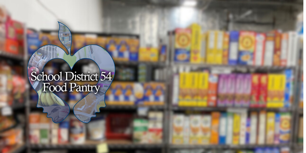 Food Pantry logo over image of food on shelves