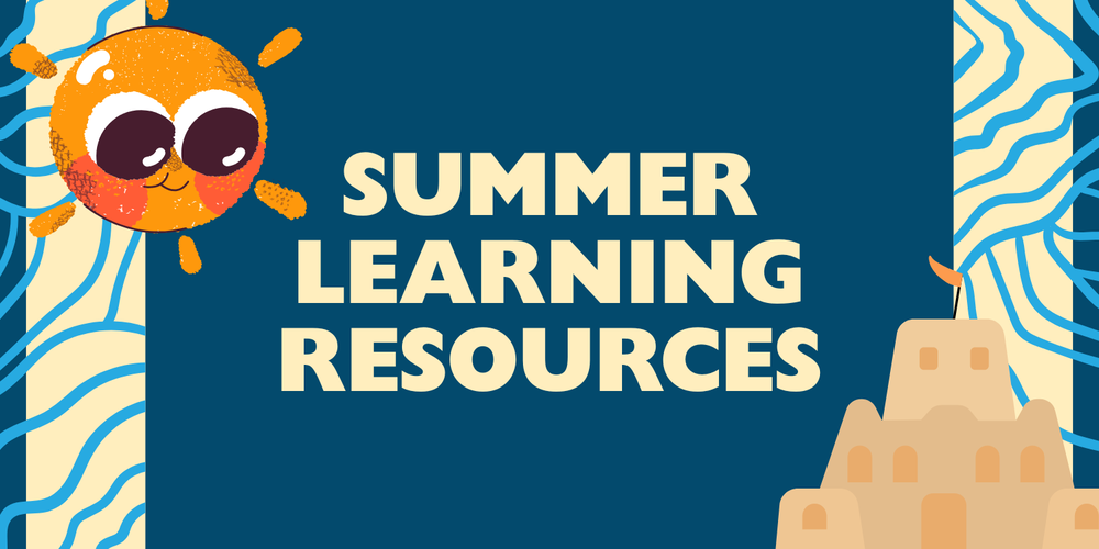 Navy blue background with light blue squiggly lines, a smiling sun, and a sandcastle with the words Summer Learning Resources