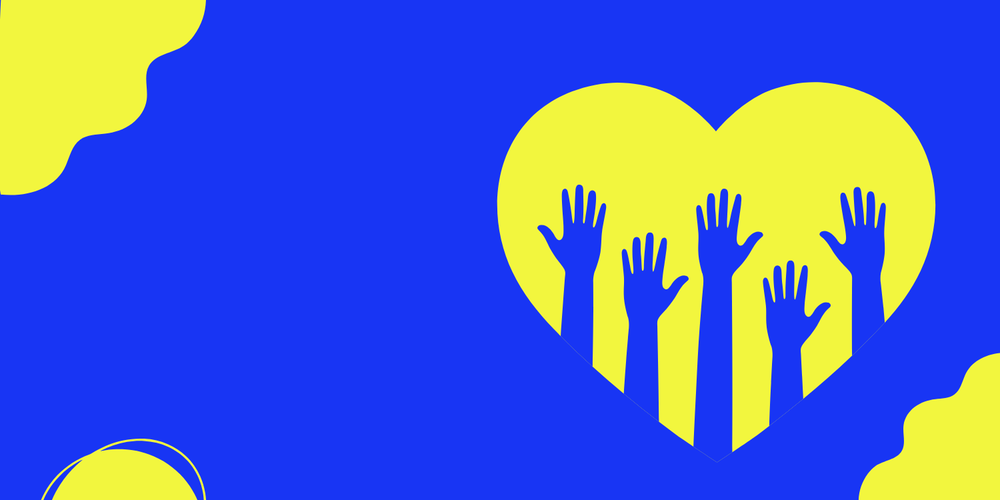 Blue raised hands in a yellow heart with a blue and yellow design background