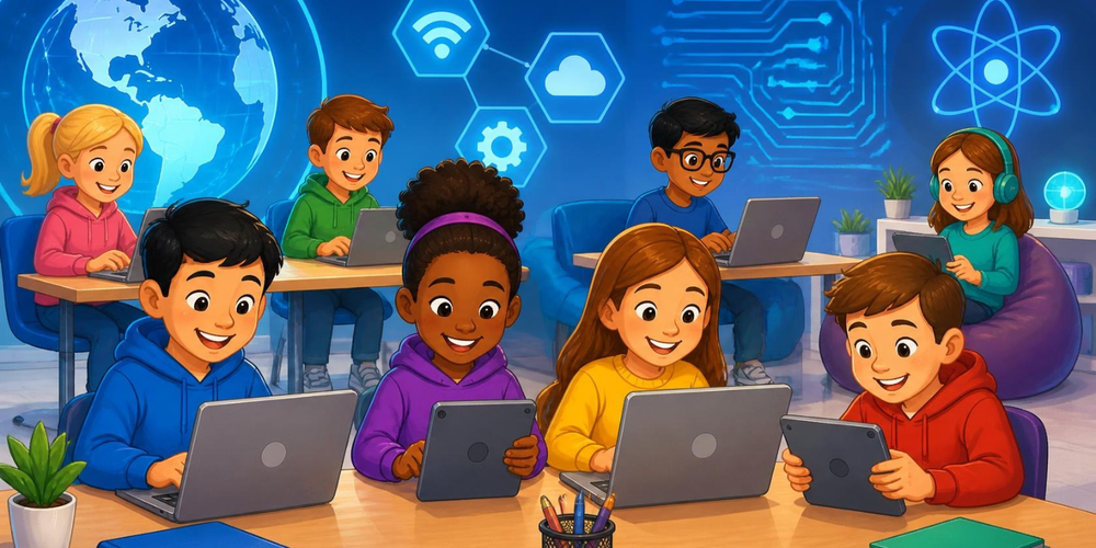 A diverse group of female and male students sitting at desks smiling and working on laptops and iPads. The background is blue and has an outline of a gear, earth, cloud, wifi, and atom.