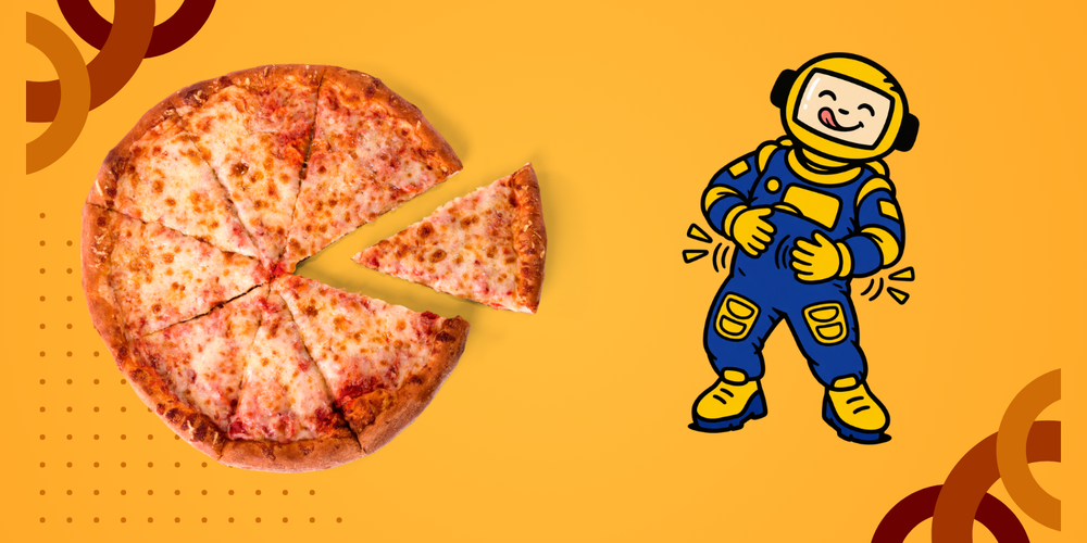 Astronaut standing next to a cheese pizza while rubbing his stomach and licking his lips while smiling in front of an orange background,