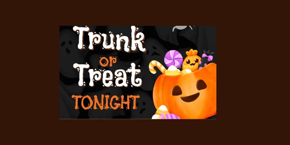 black background with ghost, pumpkin and spiders with Trunk or Treat Tonight