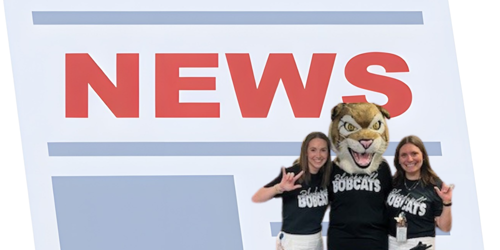 Cartoon newspaper image with photo of Dr. Fry, Bobby the Bobcat, and Ms. Shapiro