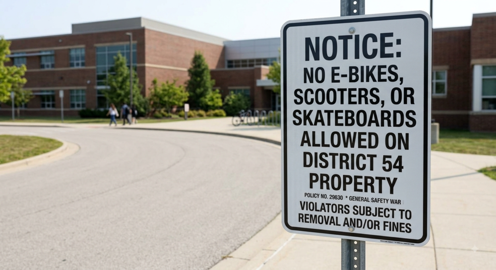 no e-bikes, scooters or skateboard on District 54 property