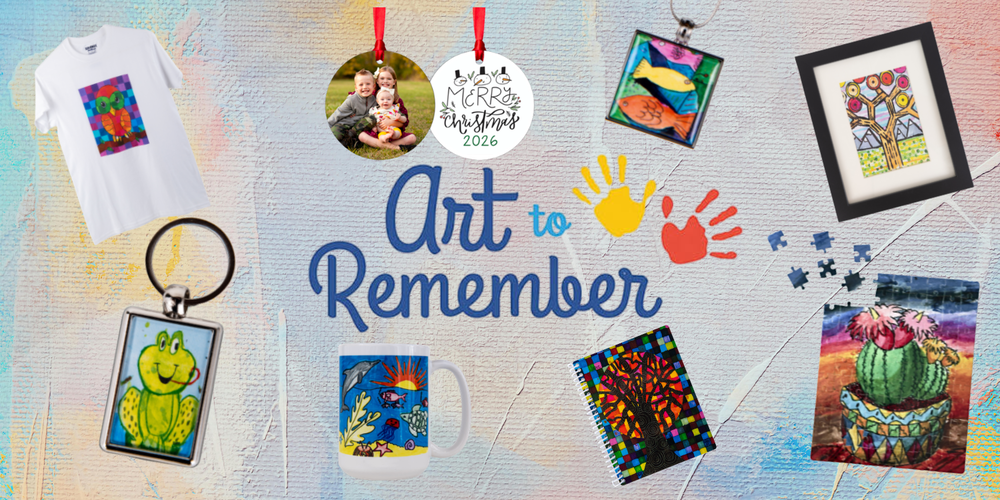 A collage of custom keepsakes featuring children's artwork—including a t-shirt, ornaments, pendant necklace, framed print, keychain, coffee mug, notebook, and puzzle—arranged around the central blue cursive logo "Art to Remember" with yellow and red handprints.