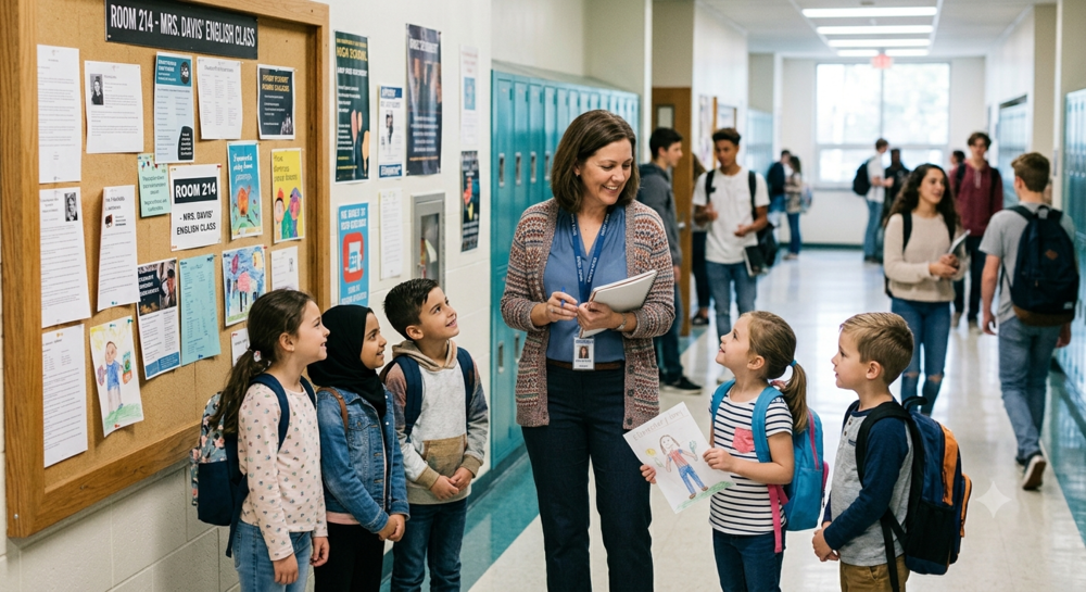 Teacher meeting students at school