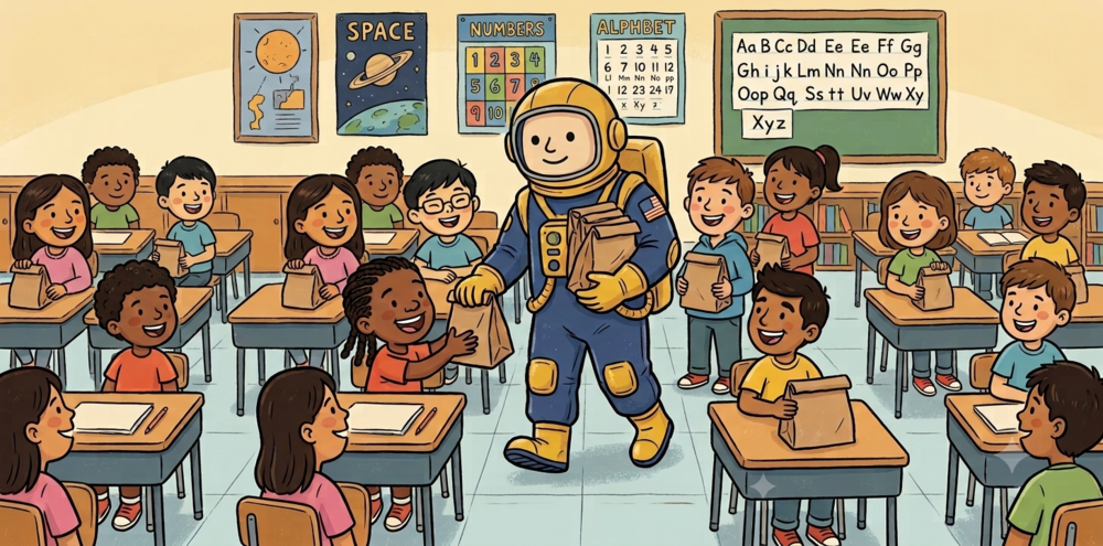 Astronaut in blue and yellow passing out bags of lunches to diverse students in a classroom.
