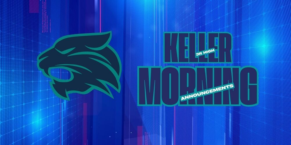 keller logo with the words keller junior high and morning announcements on a geometric background