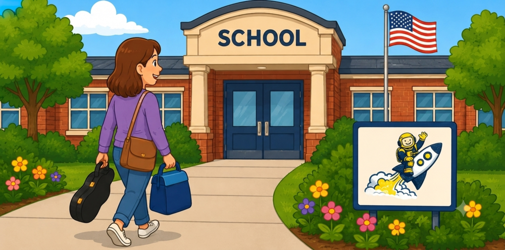 Woman in Purple shirt and blue pants smiling and walking towards a school entrance with an instrument case in the left hand and a lunch bag in the right hand. She is walking in between flowers , bushes, and a sign with an astronaut in blue and yellow on a rocket.
