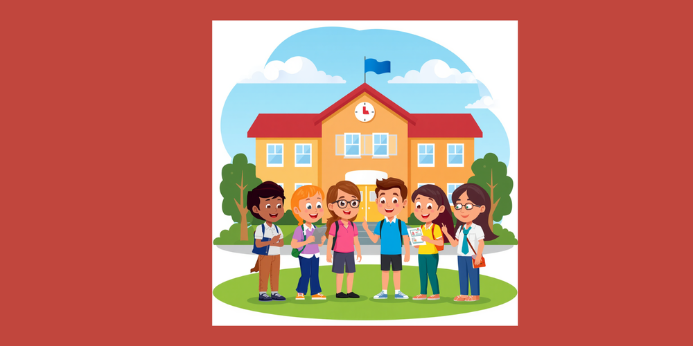 school in front of blue sky with parents and teachers smiling in a cartoon in front of a red background