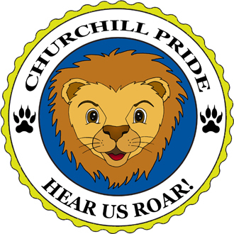 leo the lion in the middle of a circle badge with the words around saying churchill pride hear us roar