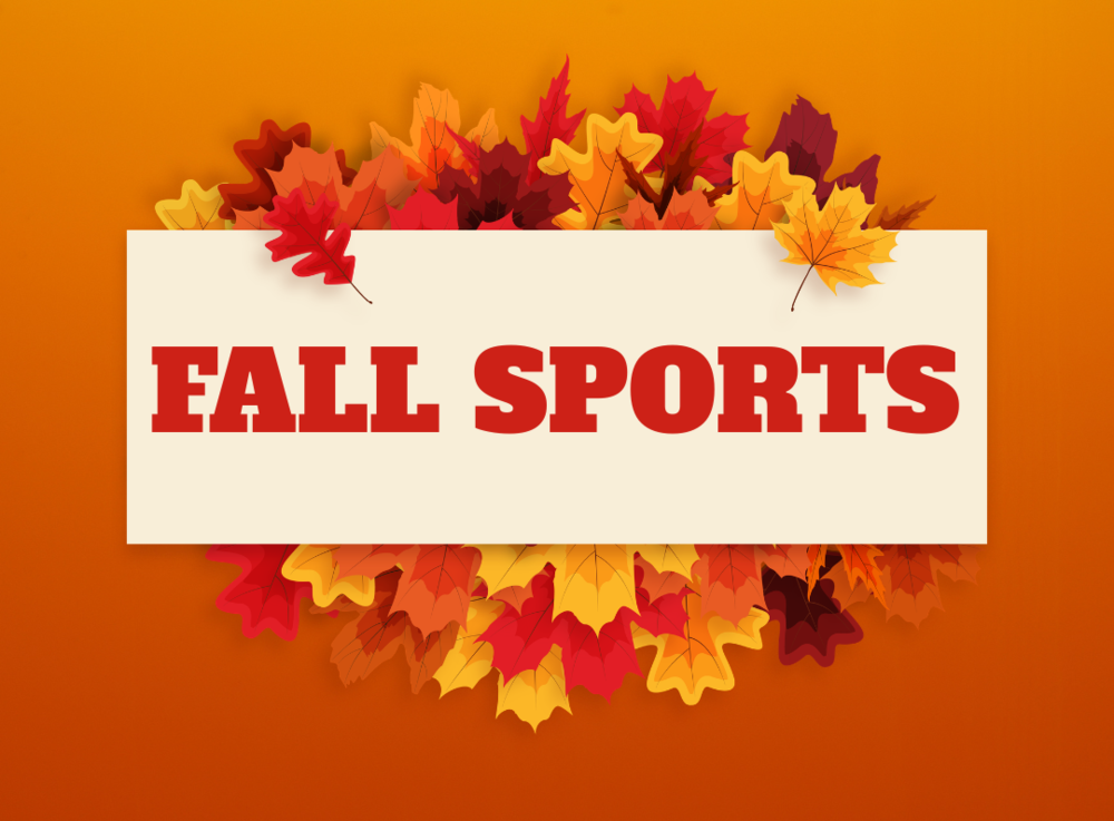 orange background with red and yellow leaves and words fall sports