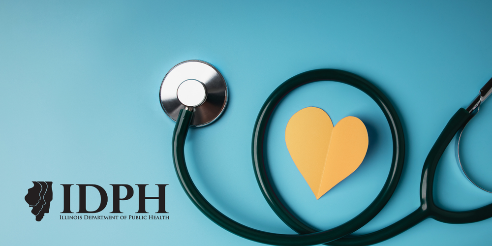 Blue background with stethoscope, yellow heart, and IDPH logo