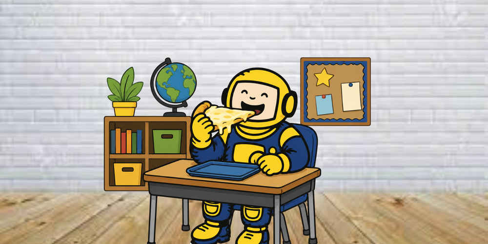 Astronaut in yellow and blue sitting at a desk in a classroom eating a slice of cheese pizza off of a blue tray.