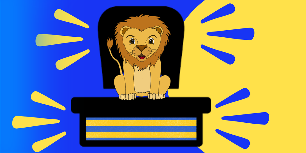 Leo the lion sitting on a desk with a blue and yellow background