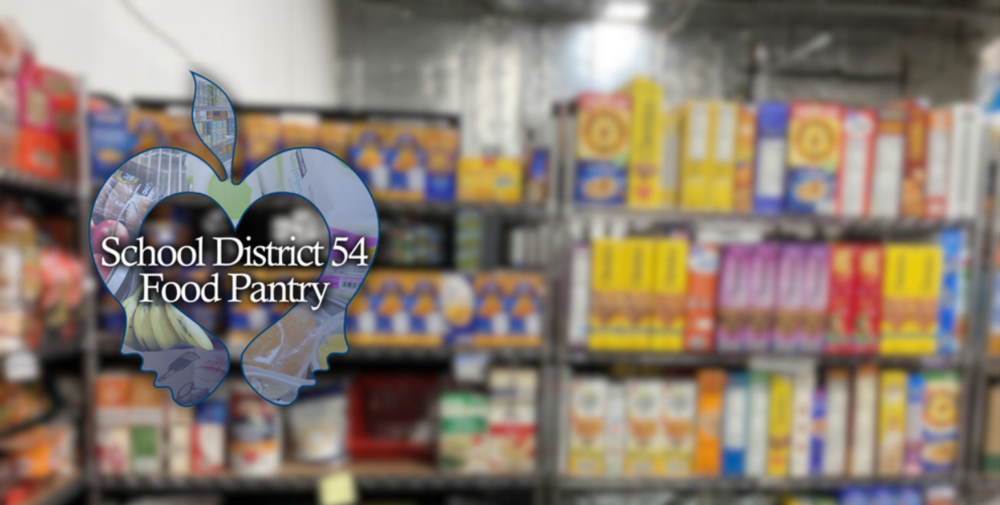 School District 54 Food Pantry logo with food in the background