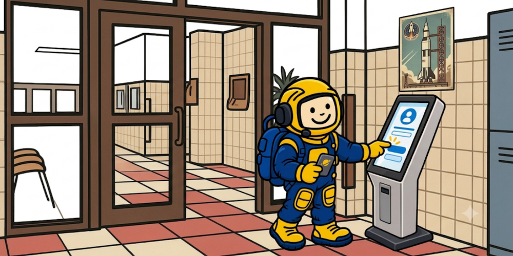 Astronaut in blue and yellow signing into a kiosk in a vestibule under a picture of a rocket ship