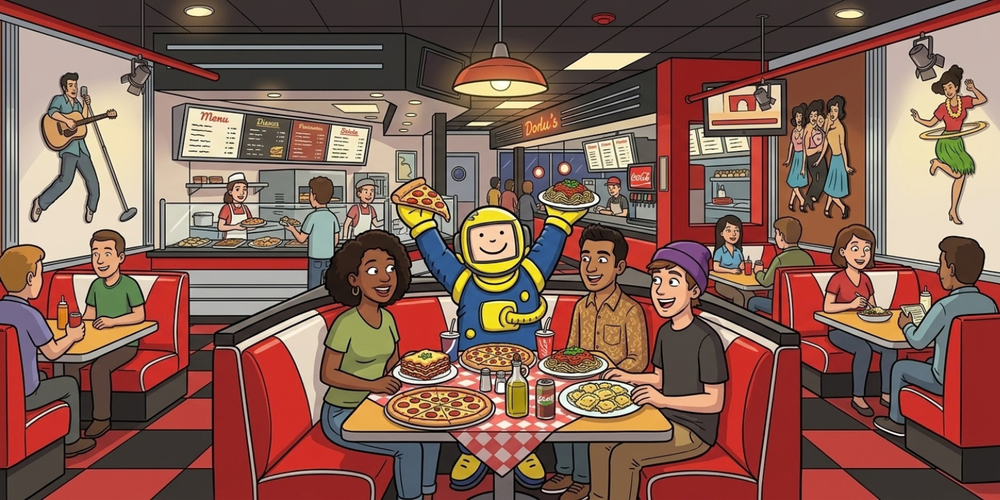 A cartoon-style illustration of a vibrant 1950s-themed diner featuring red vinyl booths, retro wall art of Elvis and dancers, and a menu board in the background. In a central booth, a cheerful cartoon astronaut in a blue and yellow space suit sits with a diverse group of casually dressed friends. They are enjoying a feast of Italian food, including pizzas, pasta, lasagna, and ravioli, while the astronaut holding a slice of pizza and a plate of spaghetti enthusiastically raises its hands.