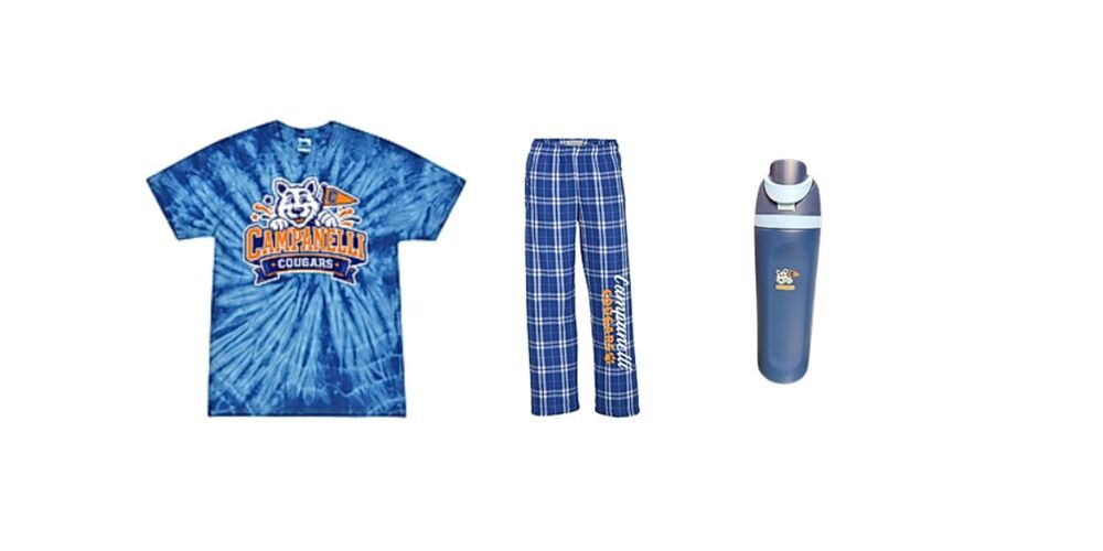 photos of Campi spirit wear tie-dye shirt, pajama pants, water bottle