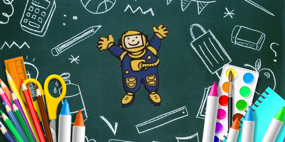 Chalkboard background with colorful school supplies in real life and drawn in chalk. Apollo Astronaut Mascot is in the middle with his hands up