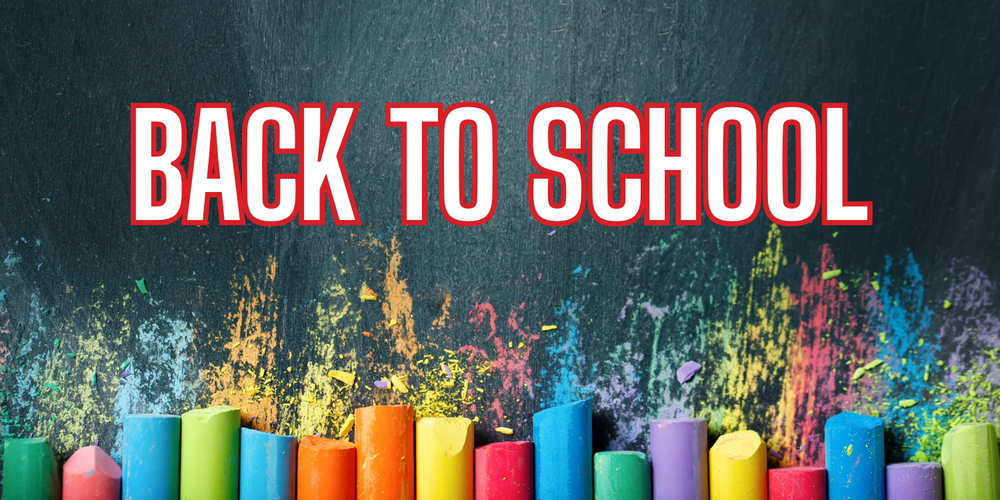Chalkboard background with colored chalk on the bottom; text says "Back to Shool"