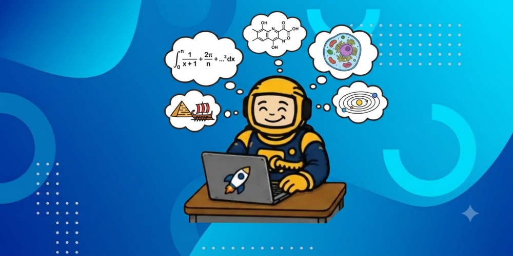 Astronautsitting at a desk working at a computer with thought bubbles above his head with math equations, pyramids, ships, space, science, and math objects. He sits in front of a blue background.