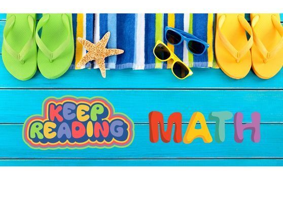 flip flops, towel, and sunglasses on a background with clipart of Keep Reading and Math