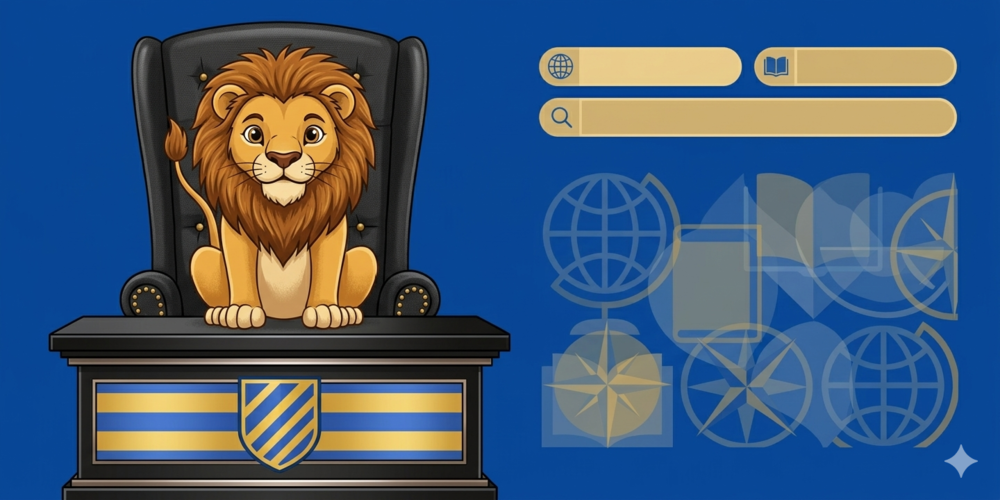 A lion sitting on a desk with the school colors yellow and blue.