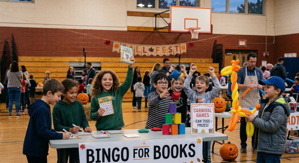 students having fun at family fall fest playing bingo for books