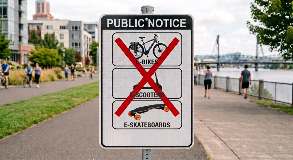 no e-bikes, e-scooters, e-skateboards allowed