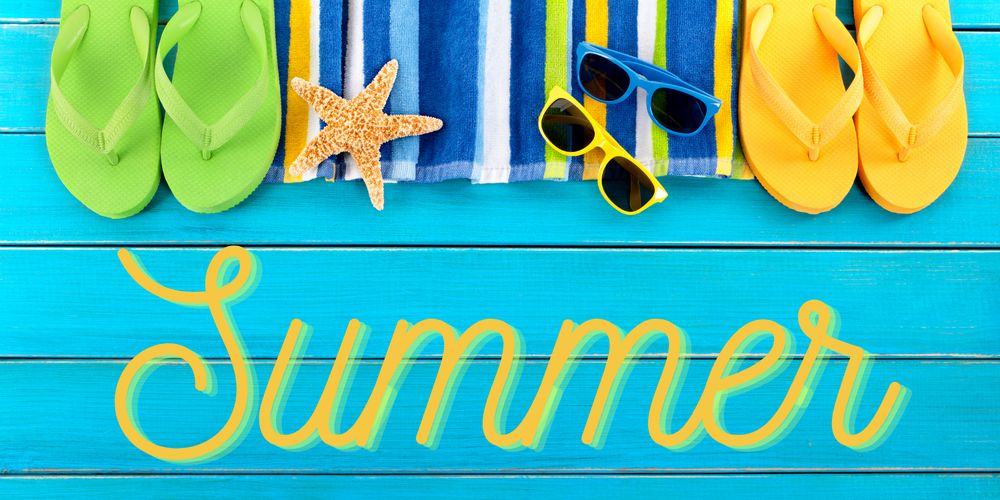 Blue background with sandals, sunglasses, towel and text says "Summer"