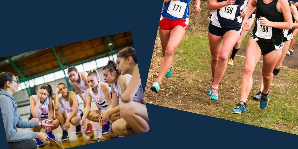 girls basketball players and coach on the left and people running on the right