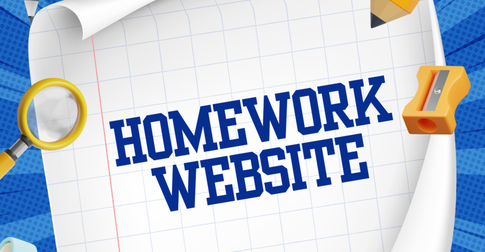 white paper with blue words homework website