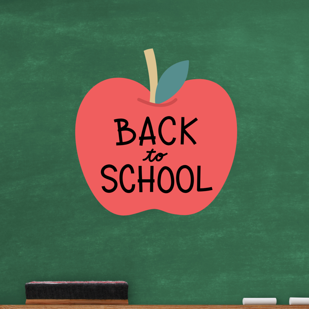 A pciture of an apple with the words back to school on it over a chalkboard