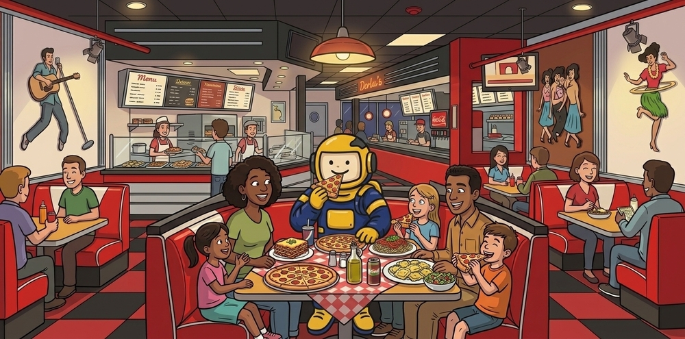 A cartoon illustration of a blue and yellow suit astronaut eating pizza at a red booth in a retro diner, surrounded by happy families.