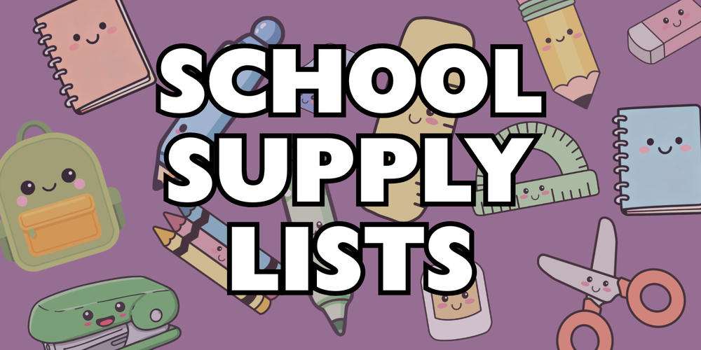 White text with black border stating school supply list on top of a purple background with cartoon school supplies that have faces.
