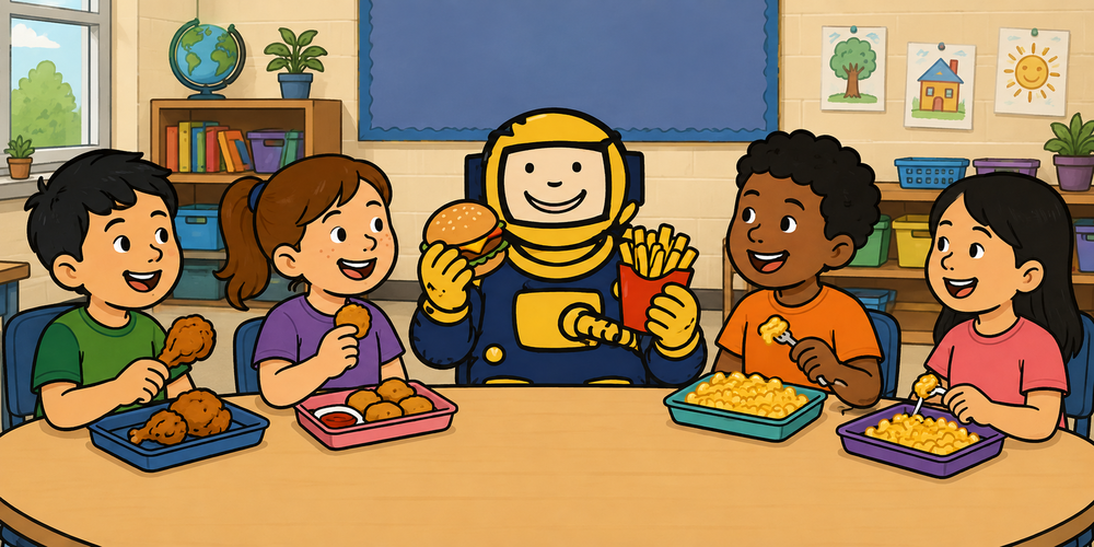 Diverse students eating various hot foods in a classroom such as chicken, macaroni and cheese, burgers and fries with an astronaut.