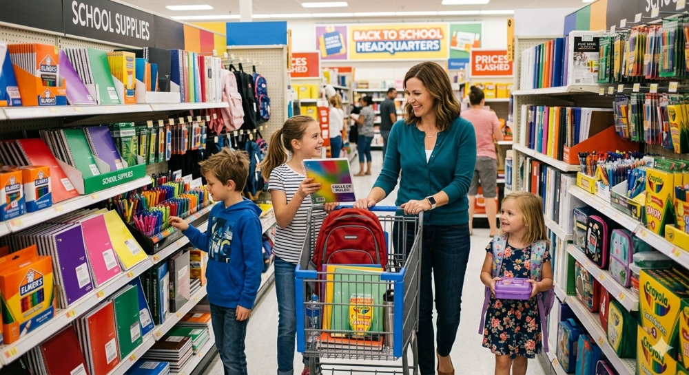 Mom shopping for school supplies with her children at the store