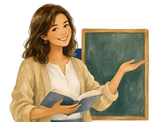 Teacher in front of chalkboard holding book