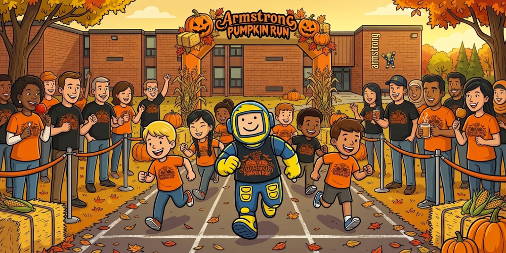 Children running with an astronaut  wearing blue and yellow.  All students and spectators are wearing orange and black in front of an arch that says, "Armstrong Pumpkin Run".