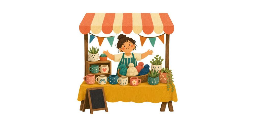 Clipart of woman standing in a booth with mugs