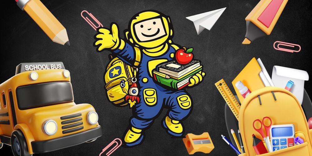 Black chalkboard background with backpack bursting with school supplies, a paper airplane, paper clip, pencil, and school bus in a collage. In the center is Apollo Astronaut Mascot in yellow and blue with backpack, books, and an apple waving.