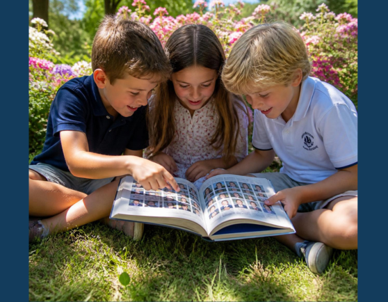 Three kids looking at a yearbook together