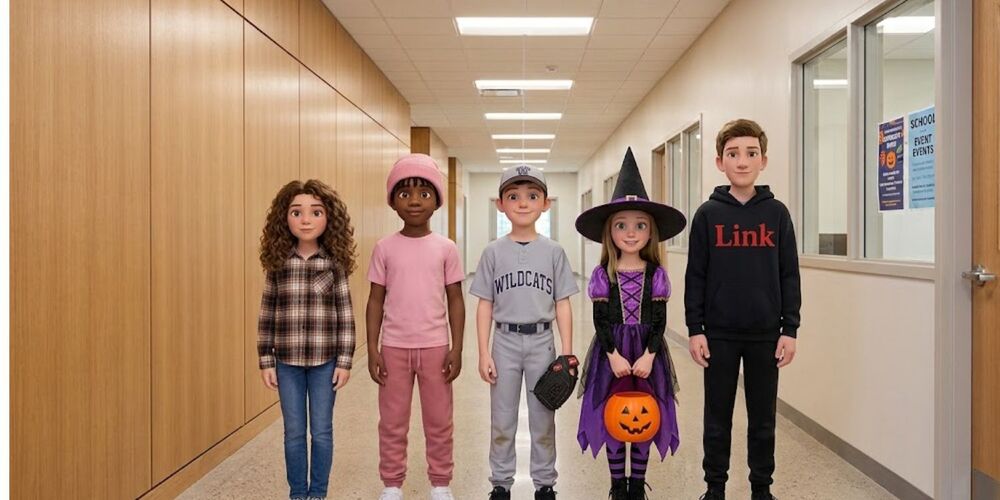 Animated children dressed in the spirit days for October. 