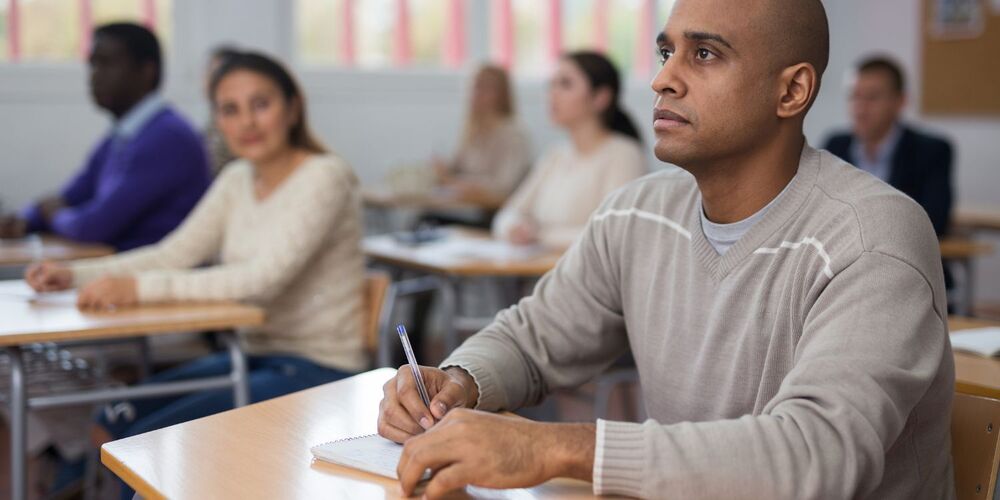 Adult sitting at desk taking notes