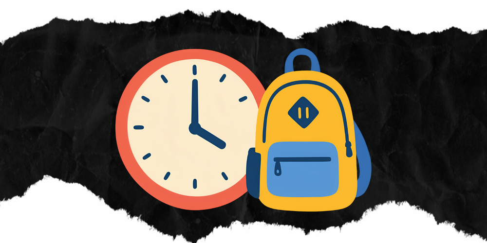 a picture of a clock and backpack