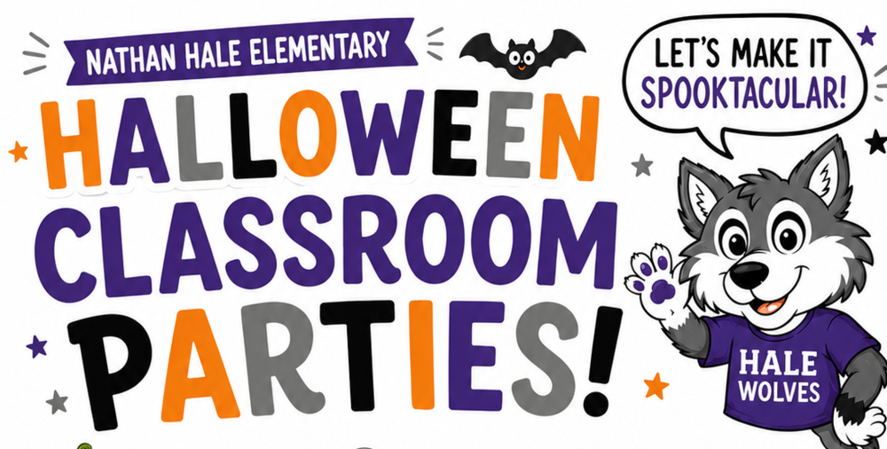 White background with purple, orange, and gray text that says Halloween Classroom Parties and a wolf in a hale wolves shirt