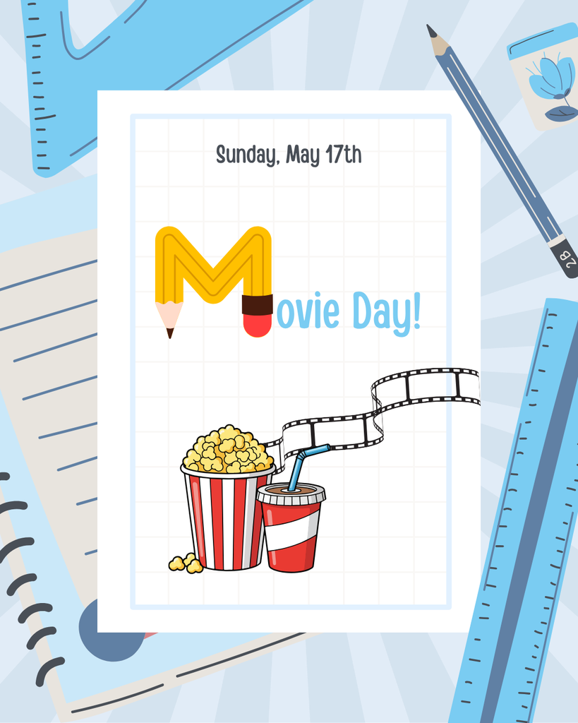 Sunday, May 17th Movie Day cartoon picture of movie reel, popcorn bucket, and soda