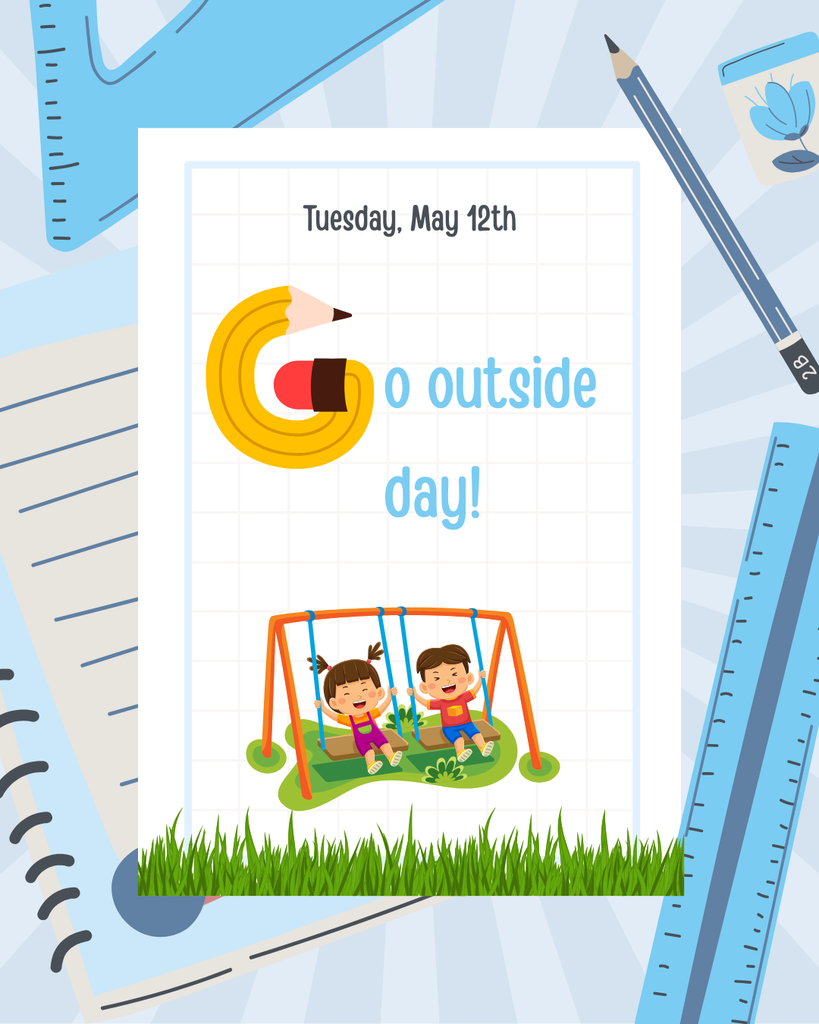 Tuesday, May 12th Go outside day, cartoon of two children swinging on a swing